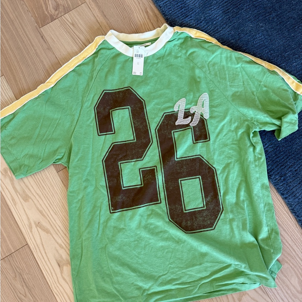Anthropologie Green Graphic T-Shirt with Yellow Stripes